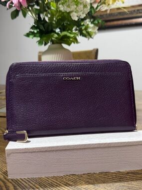 Coach Plum Pebbled Leather Zip Wallet with Gold Hardware